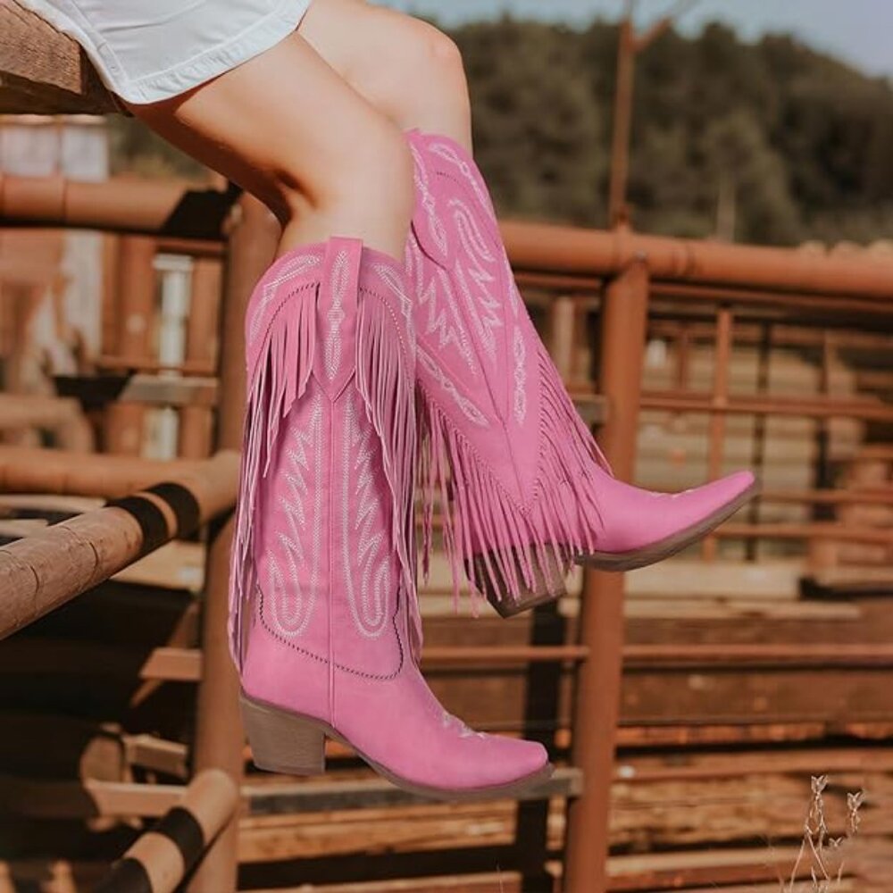 NEW!  Pink Cowboy Boots for Women Fringe Knee High Cowgirl Western Boots